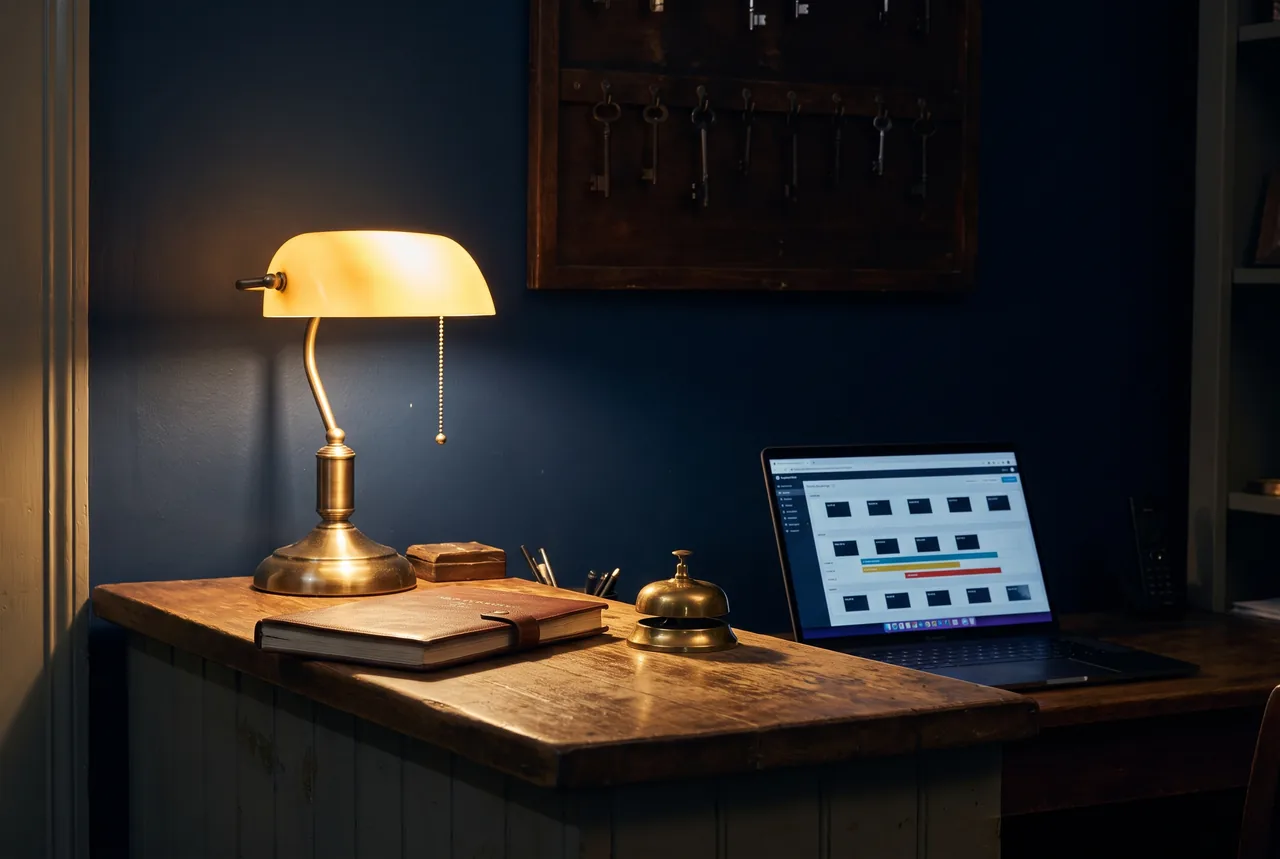 Front desk of a small inn in the evening with the room calendar open on a laptop